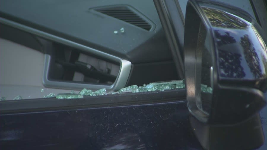 The remains of a window from a break-in of a vehicle in the Playa Del Rey area. Victims spoke with KTLA on April 19, 2024. (KTLA)