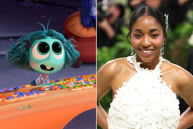 <p>Walt Disney Studios Motion Pictures; Aliah Anderson/Getty</p> Envy in 'Inside Out 2'; Ayo Edebiri