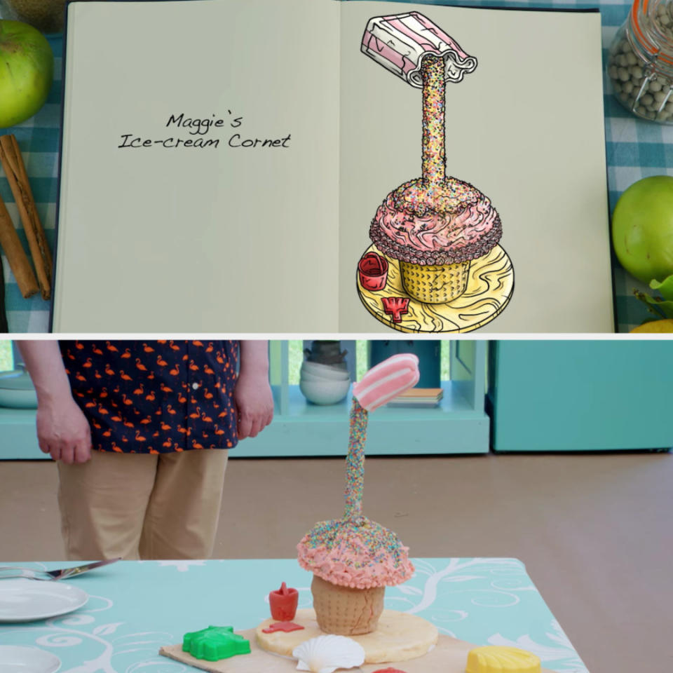 Maggie's anti-gravity cake decorated to look like an ice cream cornet side by side with its drawing