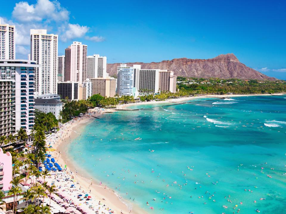 White sand beaches of Hawaii with towering hotels