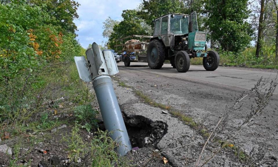 The tail of a missile that landed on the side of a road close to the city of Balakliya in Kharkiv in September last year.