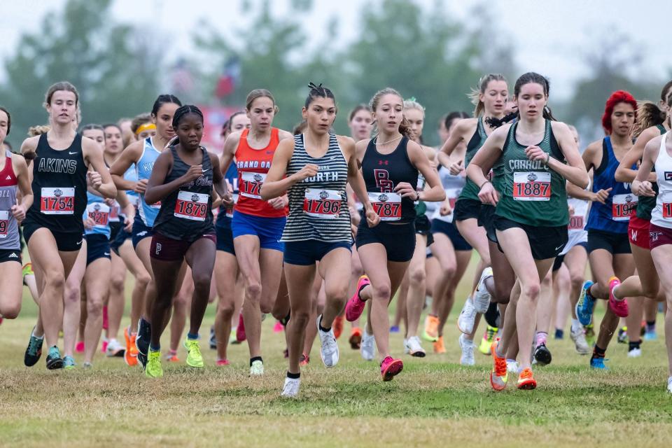 The field is bunched up early in the Class 6A girls race Saturday. Macy Wingard of Denton Braswell won in 16 minutes, 57 seconds.