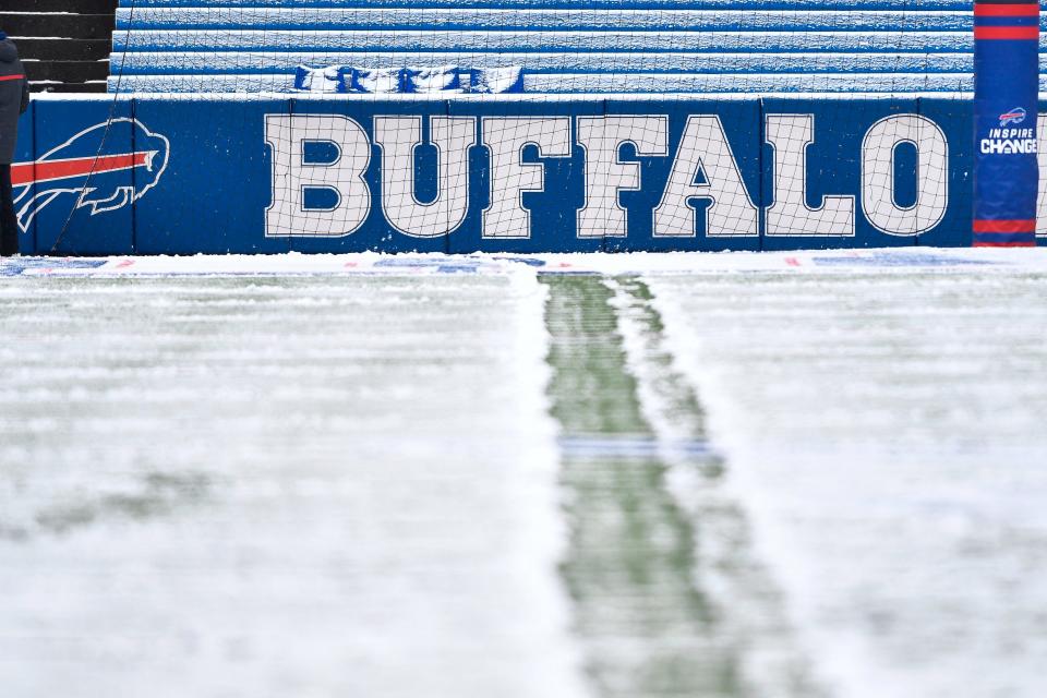 Snow covers the field at Highmark Stadium before an NFL football game between the Atlanta Falcons and Buffalo Bills in Orchard Park, New York, on Jan. 2, 2022.