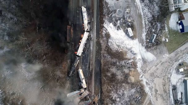 PHOTO: Drone footage shows the freight train derailment in East Palestine, Ohio, Feb. 6, 2023 in this screengrab. (Ntsbgov/via Reuters)