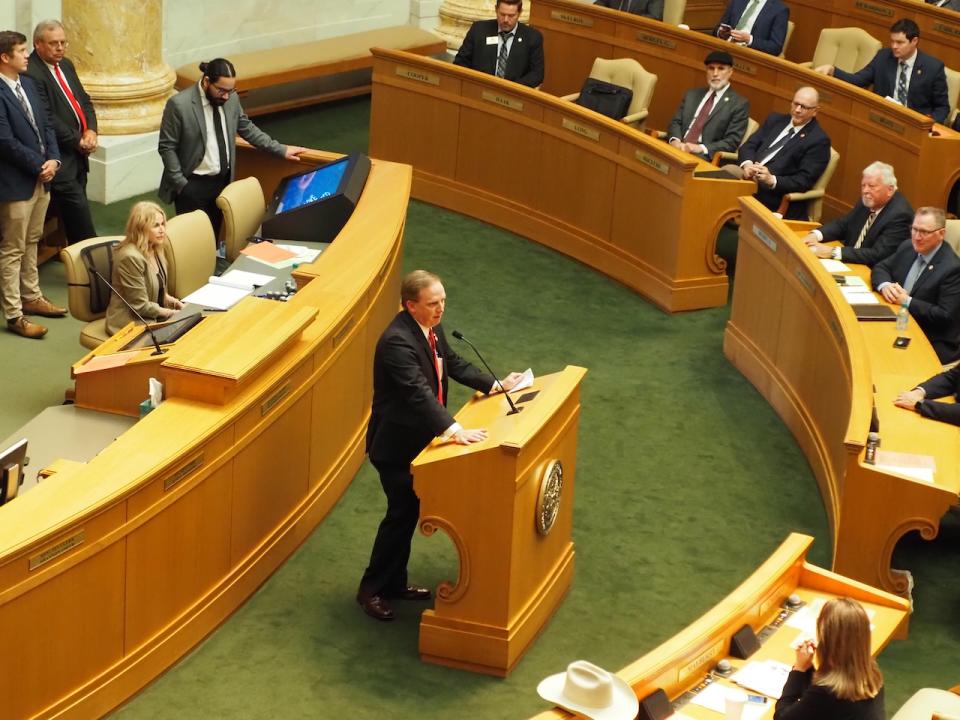  Speaker of the House Matthew Shepherd, R-El Dorado, addresses the body on June 19, 2024. (Tess Vrbin/Arkansas Advocate)