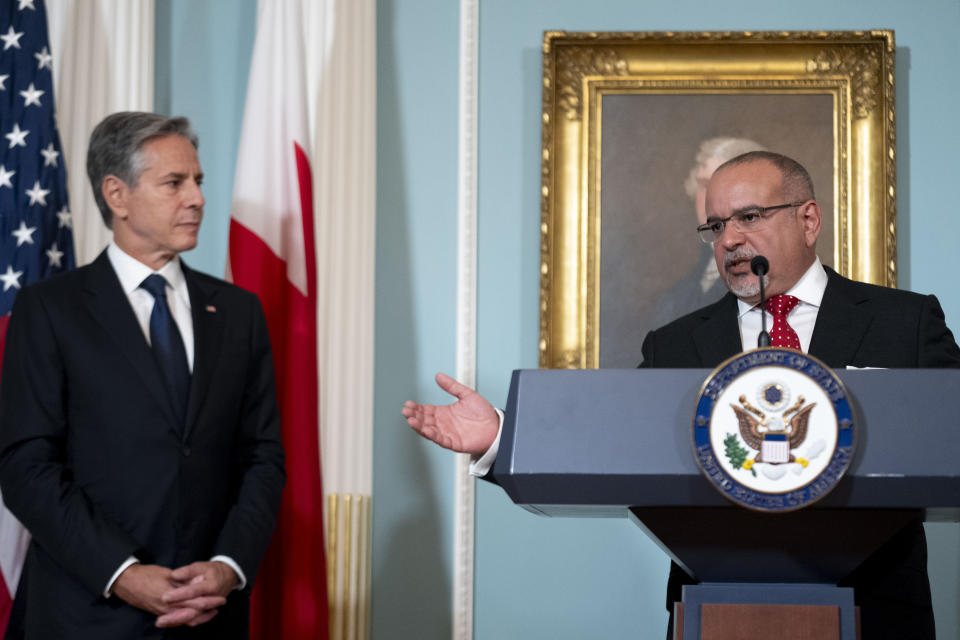 Bahraini Crown Prince Al Khalifa, right, accompanied by Secretary of State Antony Blinken, left, speaks before they sign a Comprehensive Security Integration and Prosperity Agreement during a signing ceremony at the State Department, Wednesday, Sept. 13, 2023, in Washington. (AP Photo/Andrew Harnik)