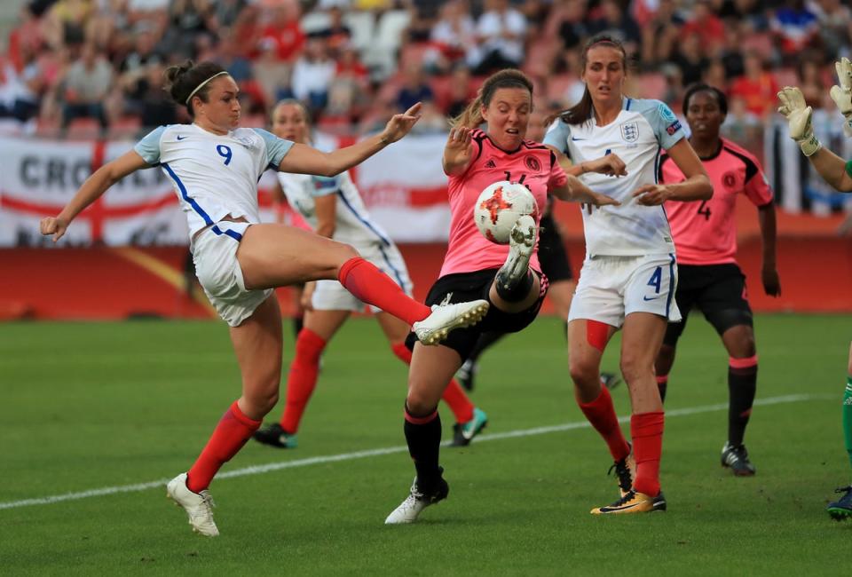 England’s Jodie Taylor, left, wrote her name into the record books at Euro 2017 (Mike Egerton/PA) (PA Archive)