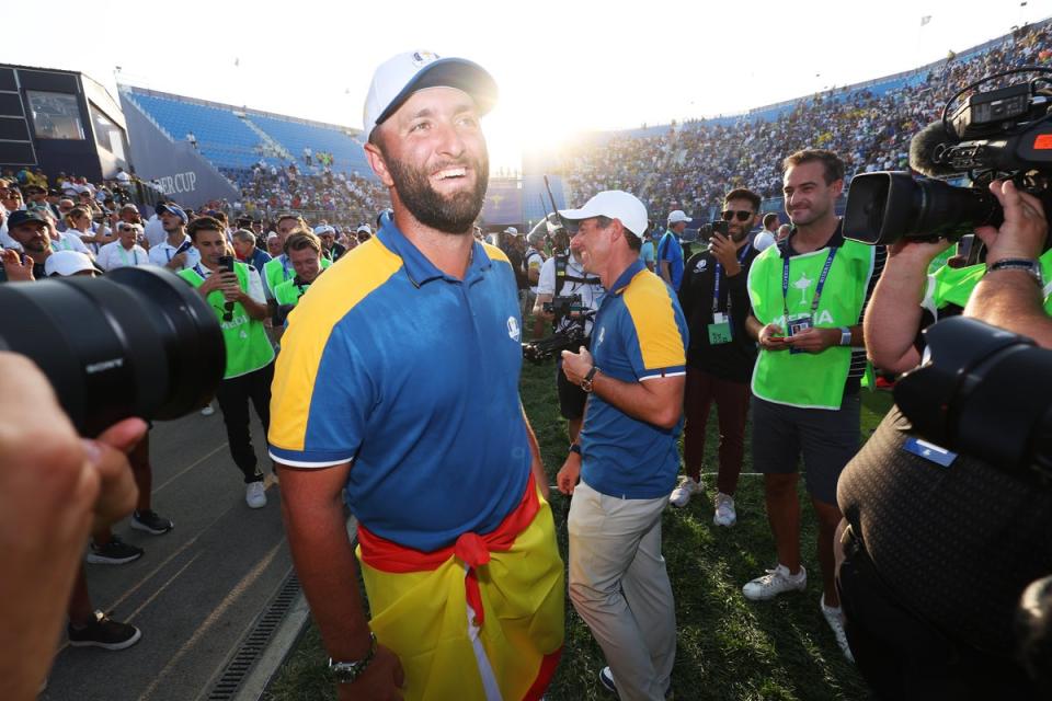 Jon Rahm and Rory McIlroy revel in Europe’s Ryder Cup victory at Rome’s Marco Simone Golf Club (Getty)