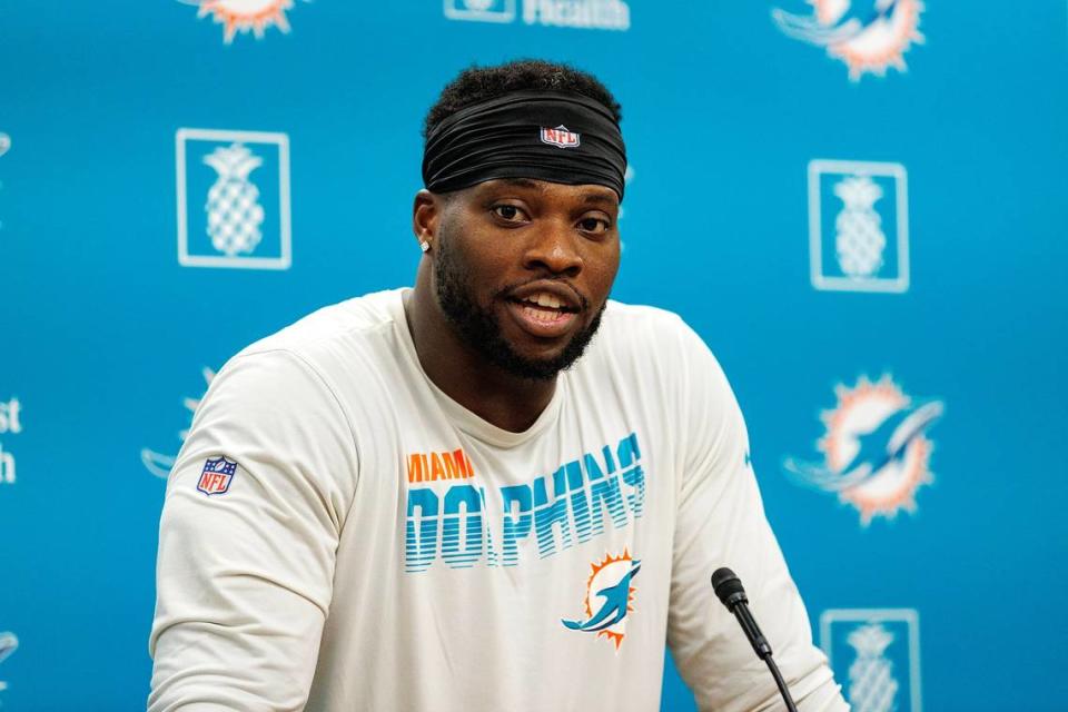 Miami Dolphins defensive end Emmanuel Ogbah (91) speaks with the media after NFL football training camp at Baptist Health Training Complex in Hard Rock Stadium on Tuesday, August 1, 2023 in Miami Gardens, Florida.