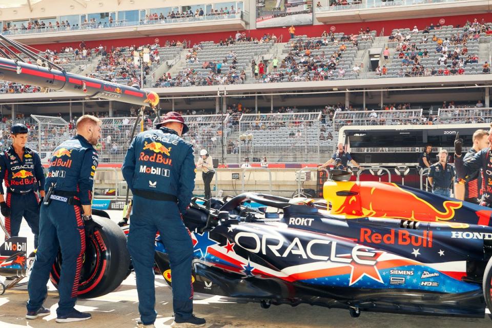 Verstappen and his Oracle Red Bull Racing crew at the United States Grand Prix in Austin on Oct. 22, 2023. <span class="copyright">Brent Humphreys for TIME</span>