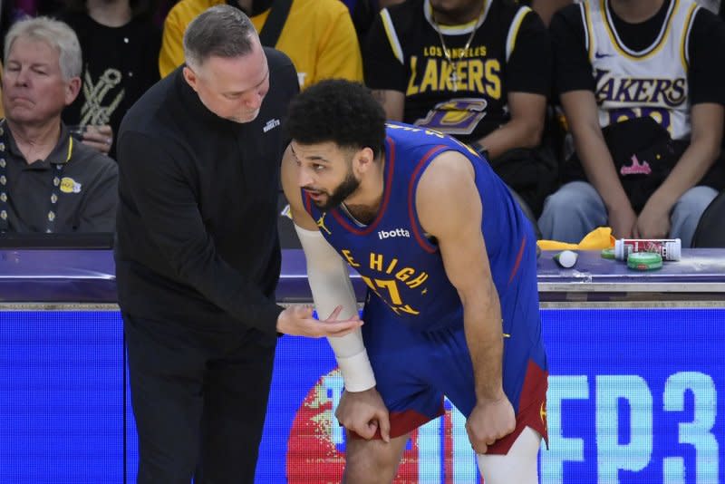 Denver Nuggets guard Jamal Murray scored a dozen points in the fourth quarter of a win over the Los Angeles Lakers in Game 5 of their first-round Western Conference playoff series Monday in Denver. Photo by Jim Ruymen/UPI