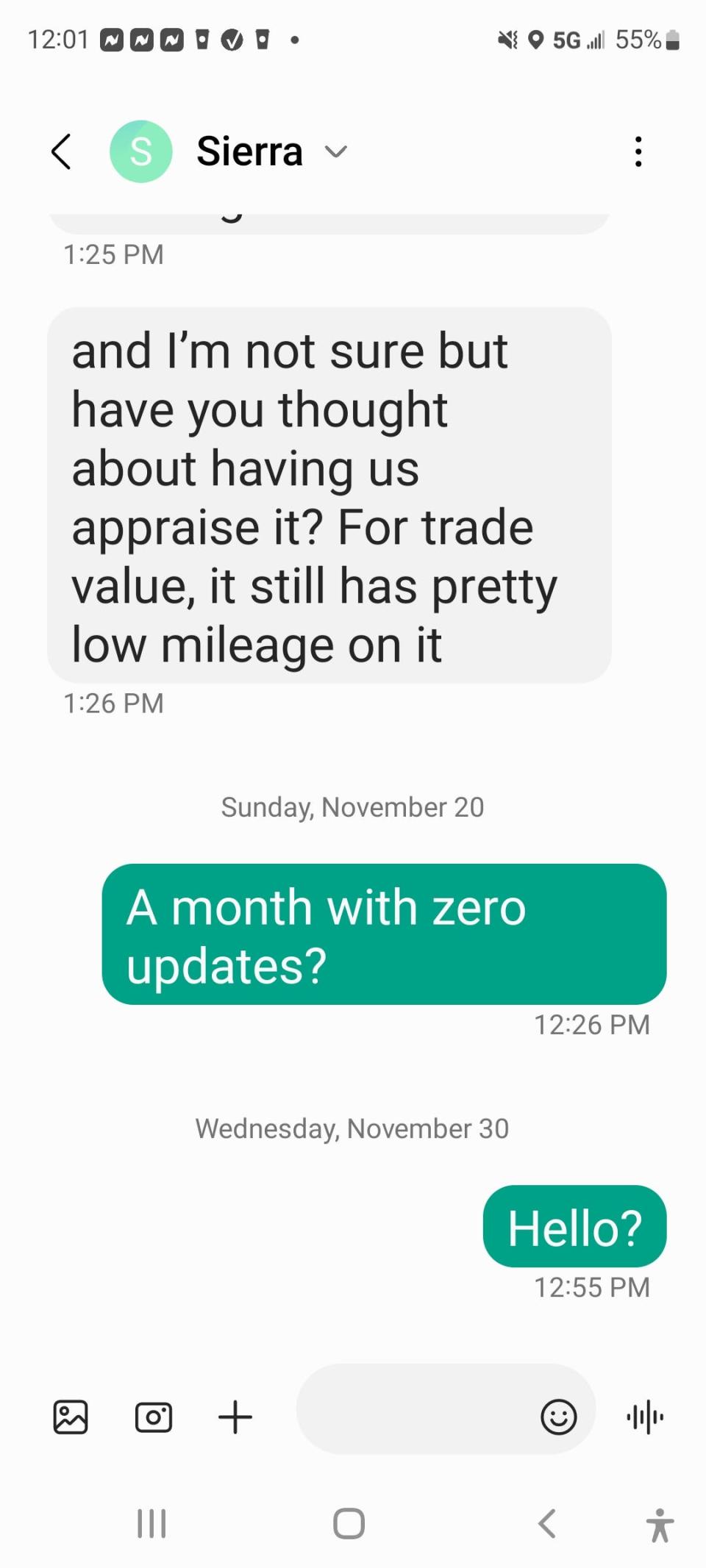 Mark Leary of Virginia Beach, Virginia is the owner of a 2014 Ford Focus. He said customer service is the worst he has ever experienced. This is a text exchange from Nov. 30, 2022.