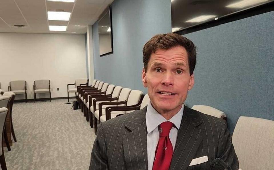 N.C. Department of Military & Veterans Affairs Secretary Grier Martin talks to reporters at the N.C. Legislative Building after a committee meeting on Tuesday, May 7, 2024 in Raleigh.