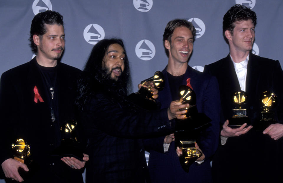 <p>Chris Cornell, Kim Thayil, Matt Cameron and Ben Shepherd of Soundgarden attend 37th Annual Grammy Awards on March 1, 1995 at the Shrine Auditorium in Los Angeles, California.<br>(Photo by Ron Galella, Ltd./WireImage) </p>