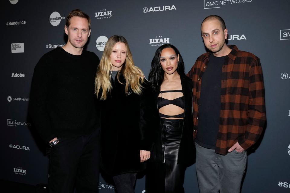 Alexander Skarsgård (from left), Mia Goth, Cleopatra Coleman and Brandon Cronenberg attend the premiere of "Infinity Pool" at Sundance.