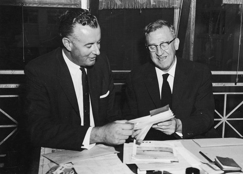 Arthur Calwell (right) suffered from appearing to not be a strong leader, unlike his successor, Gough Whitlam (left). National Archives of Australia