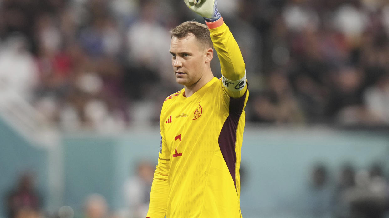 Germany's goalkeeper Manuel Neuer in action during the World Cup group E soccer match between Germany and Japan, at the Khalifa International Stadium in Doha, Qatar, Wednesday, Nov. 23, 2022. (AP Photo/Matthias Schrader)
