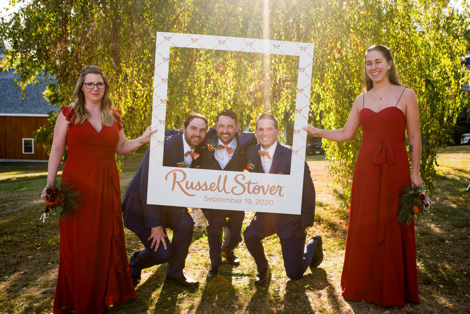 The fall wedding came together beautifully with Russell Stover's classic logo on all the decorations. (Courtesy of Christian Patti for Russell Stover)