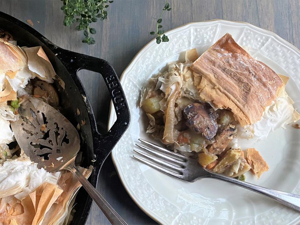 Classic pot pie are usually made with a traditional bottom and top pie crust. But you can change it up and prepare them with just a top crust, using puff pastry made of phyllo dough.