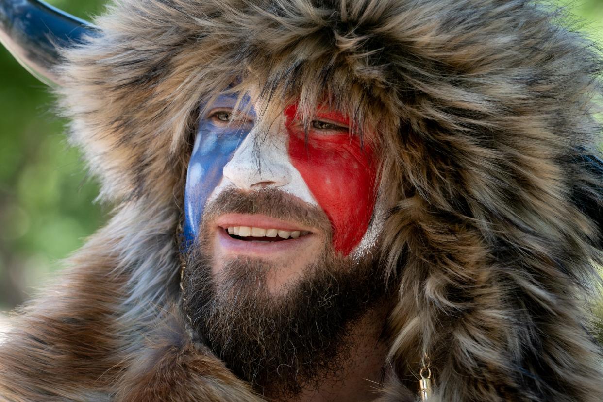 Jake Angeli, known as the QAnon Shaman, at the Arizona State Capital for a photo shoot, May 24, 2023, Phoenix, Arizona.