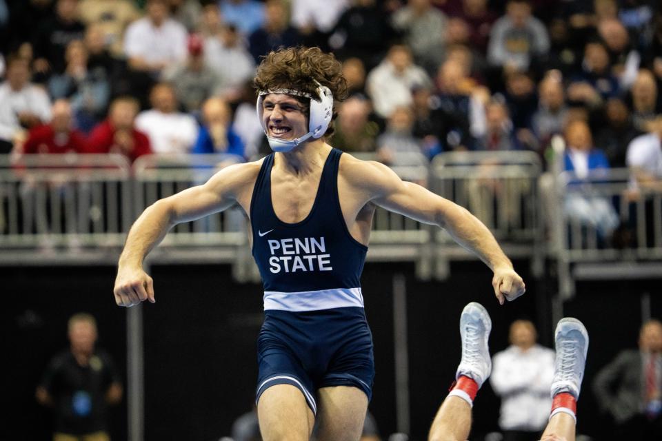 Penn State's Levi Haines wins the 157 lbs semifinal Friday, March 22, 2024, at the T Mobile Center in Kansas City, MO.