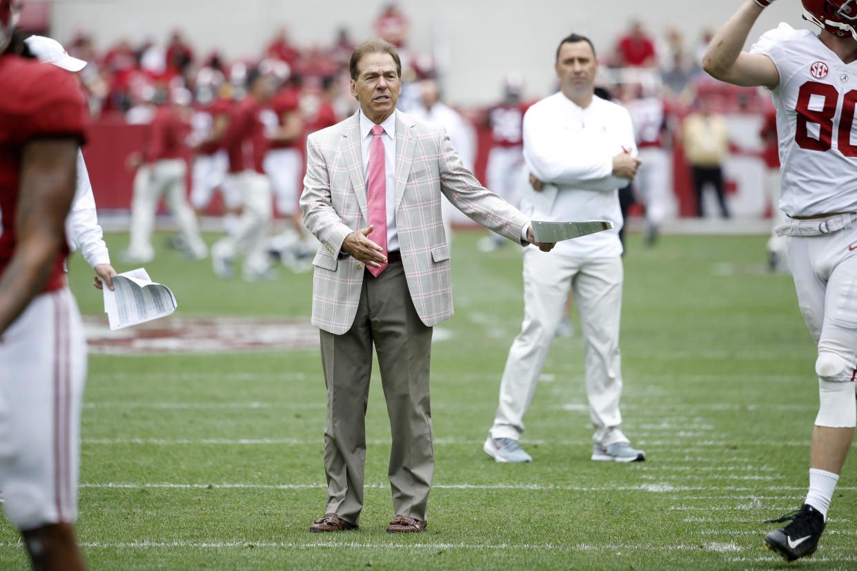 Alabama Crimson Tide head coach Nick Saban looks on during the team's spring game at Bryant-Denny Stadium on April 13, 2019. (Getty)