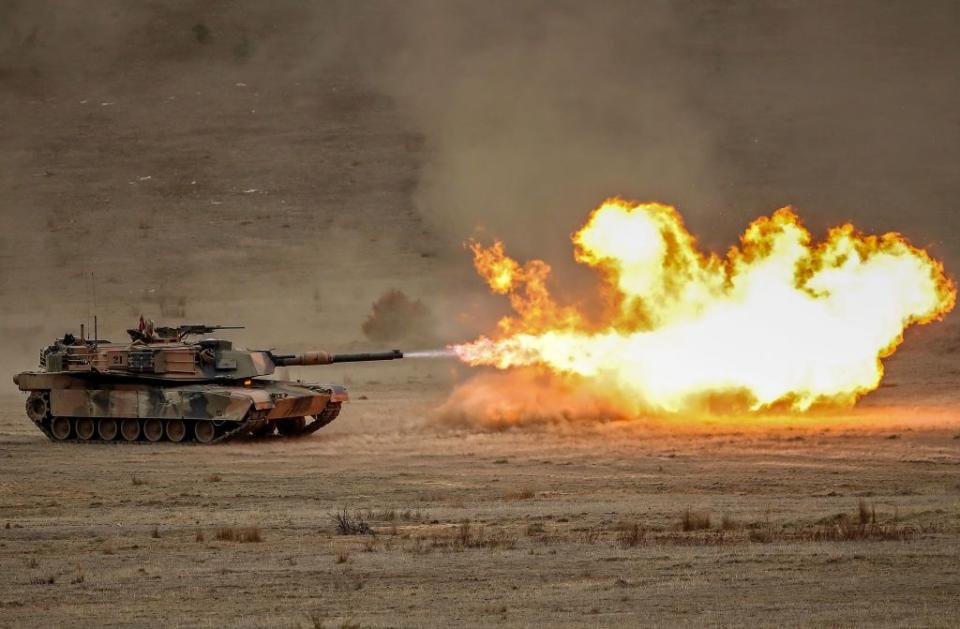 M1A1 Abrams main battle tank fires during Exercise Chong Ju at the Puckapunyal Military Area in Seymour, Australia, on May 09, 2019. (Scott Barbour)