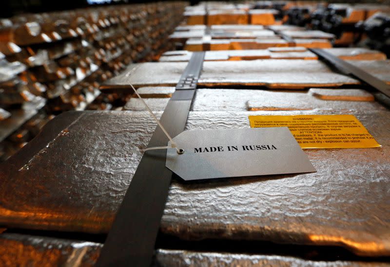 FILE PHOTO: Aluminium ingots are stored at the foundry shop of the Rusal Krasnoyarsk aluminium smelter in Krasnoyarsk