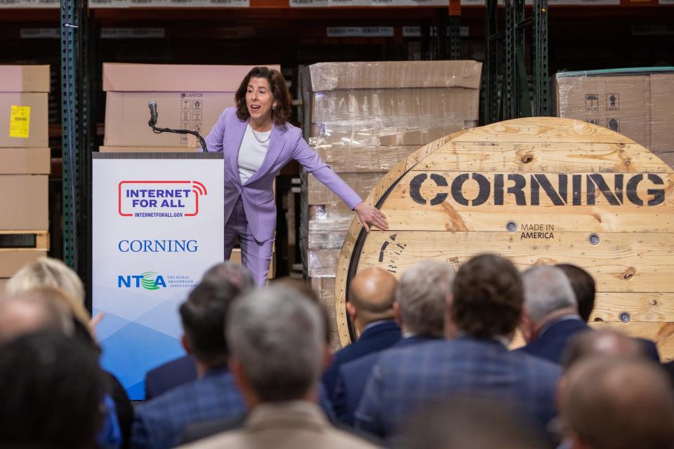 U.S. Commerce Secretary Gina Raimondo speaks at an event marking the opening of Corning, Inc.'s newest optical cable manufacturing campus in Hickory, North Carolina in March 2023.