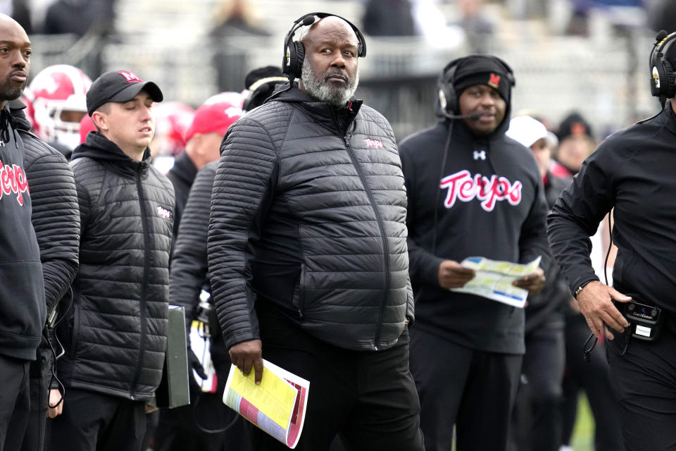 Maryland head coach Mike Locksley reacts as he looks on from the sideline during the second half of an NCAA college football game against Northwestern, Saturday, Oct. 28, 2023, in Evanston, Ill. Northwestern won 33-27. (AP Photo/Nam Y. Huh)