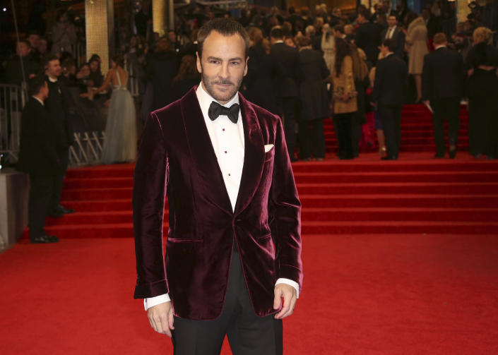 FILE - Tom Ford poses for photographers upon arrival at the British Academy Film Awards in London on Feb. 12, 2017. Ford turns 59 on Aug. 27. (Photo by Joel Ryan/Invision/AP, File)