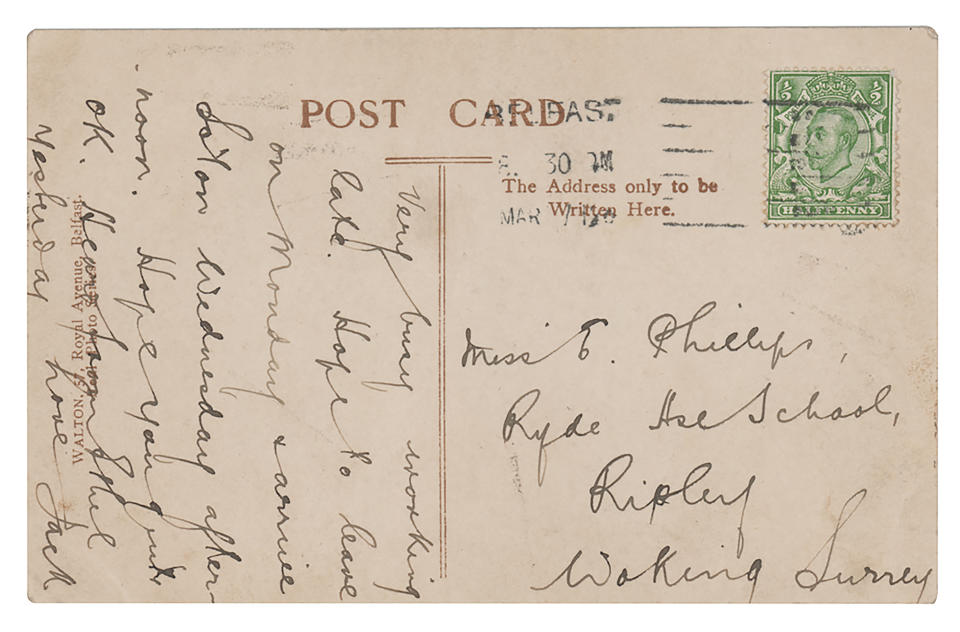 A photo copy of a postcard, provided by RR Auction, with a message written in March 1912 by the Titanic's senior wireless operator Jack Phillips, is shown with a postage stamp attached. The reverse side is dated May 31, 1911, and shows a photograph of the Titanic, in Belfast, Northern Ireland. The handwritten postcard was to Phillips' sister, Elsie Phillips. The postcard is to be auctioned by RR Auction. (RR Auction via AP)