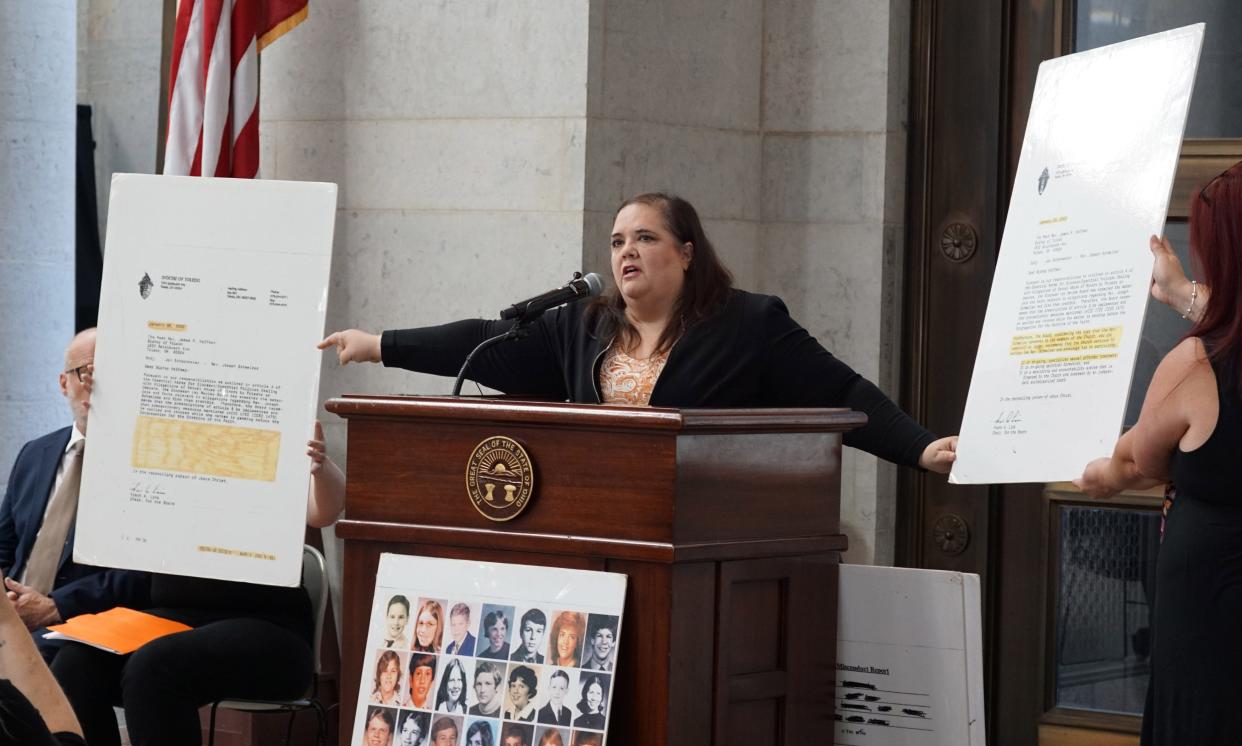 Claudia Vercellotti of the SNAP Network shows redacted letters from the Diocese of Toledo that involve allegations of abuse. Advocates for survivors of sexual abuse on Wednesday called for Ohio Attorney General Dave Yost to investigate the state's six Catholic dioceses.