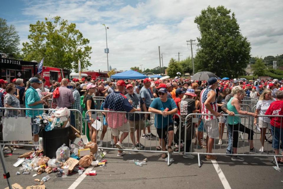 Supporters of former President Donald Trump wait to get inside the Bojangles Coliseum in Charlotte for the rally on Wednesday, July 24, 2024.