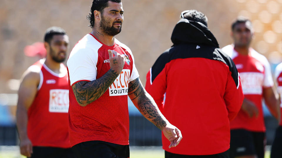 Andrew Fifita runs through drills during a Mate Ma’a Tonga Training Session at Mt Smart Stadium. (Photo by Hannah Peters/Getty Images)