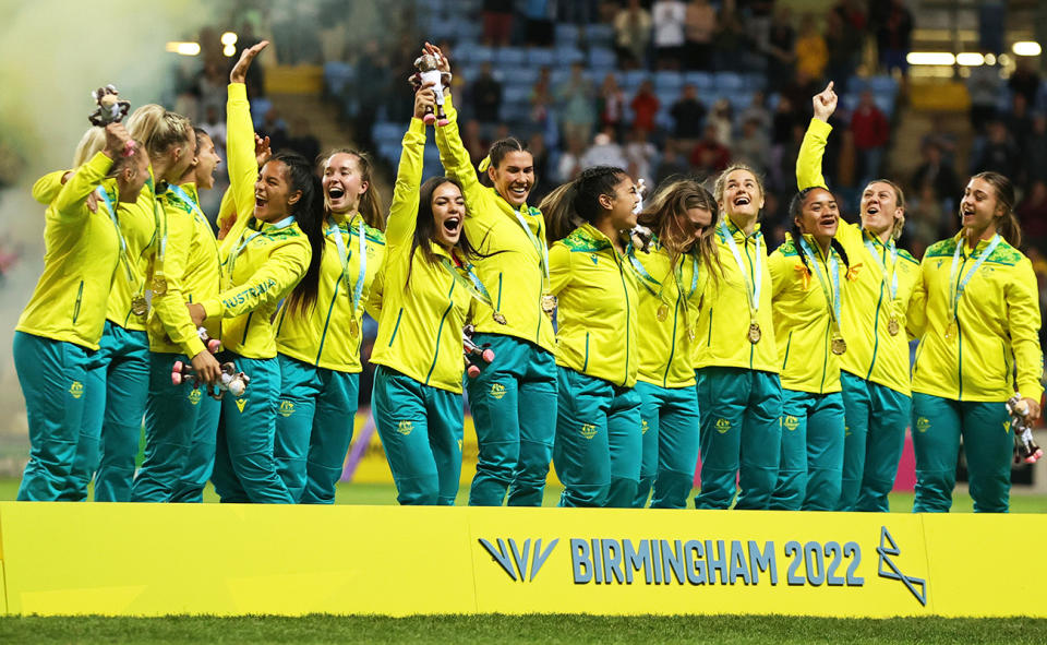 Australia's rugby sevens team, pictured here at the 2022 Commonwealth Games in Coventry, England. 