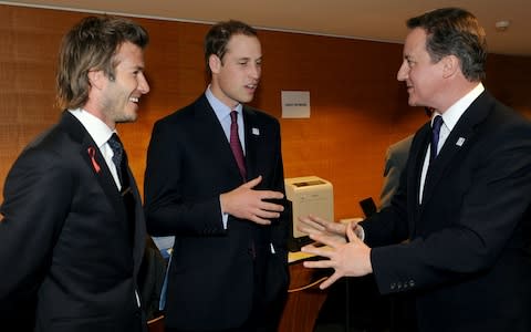 David Beckham, Prince William and British Prime Minister David Cameron in 2008 - Credit: Getty