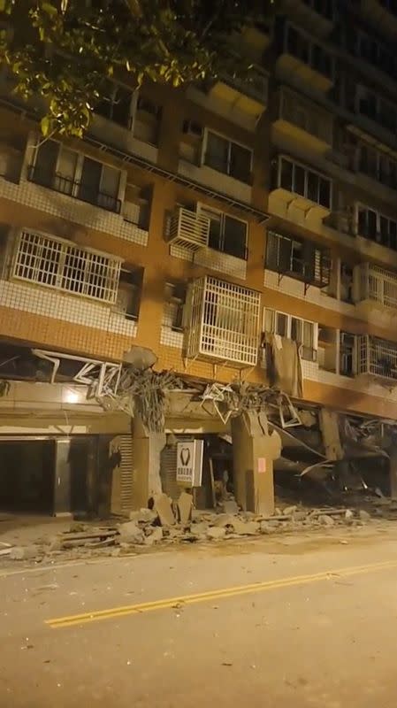 A building, which, according to the Hualien government, is unoccupied after it was previously damaged in an earlier quake on April 3, is seen following a series of earthquakes, in Hualien