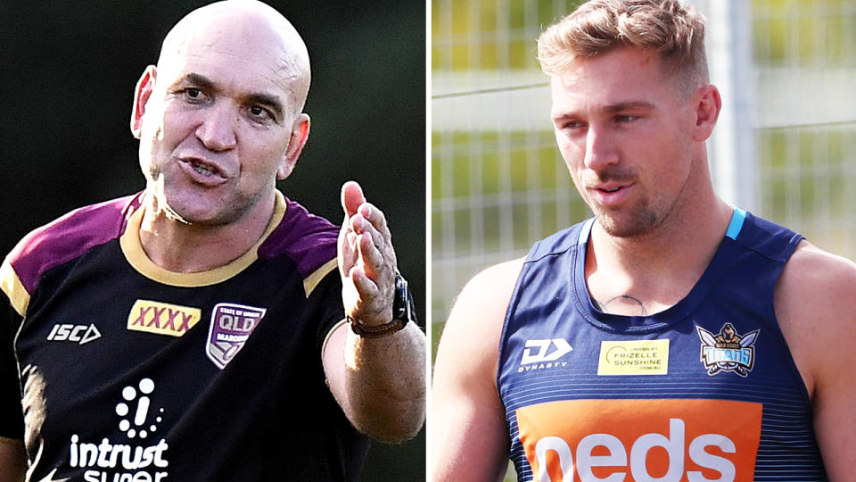 Gorden Tallis and Bryce Cartwright, pictured here at training with their NRL clubs.