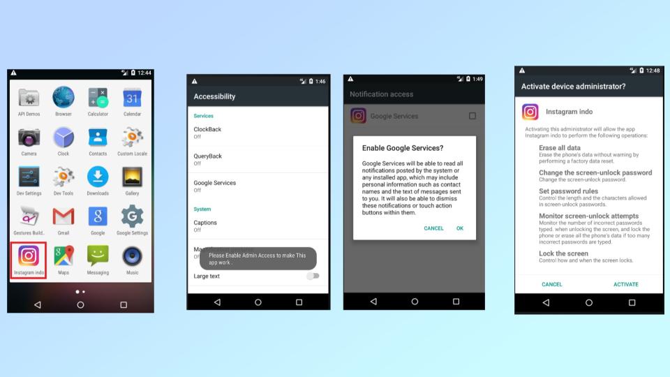 A series of screenshots depicting a malicious app impersonating Instagram on Android