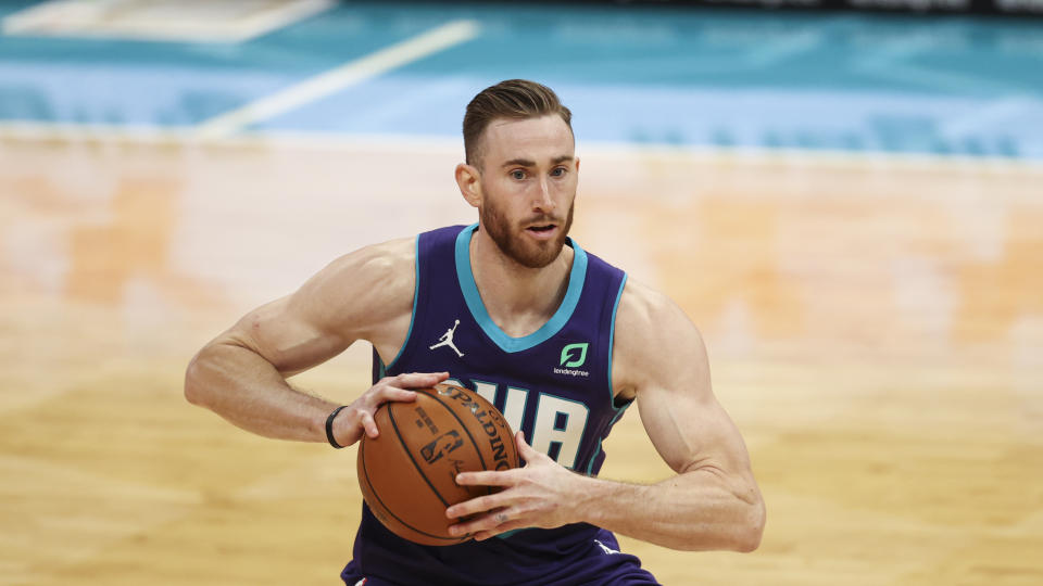 Charlotte Hornets forward Gordon Hayward looks to pass against the Indiana Pacers in the second half of an NBA basketball game in Charlotte, N.C., Wednesday, Jan. 27, 2021. Indiana won 116-106. (AP Photo/Nell Redmond)