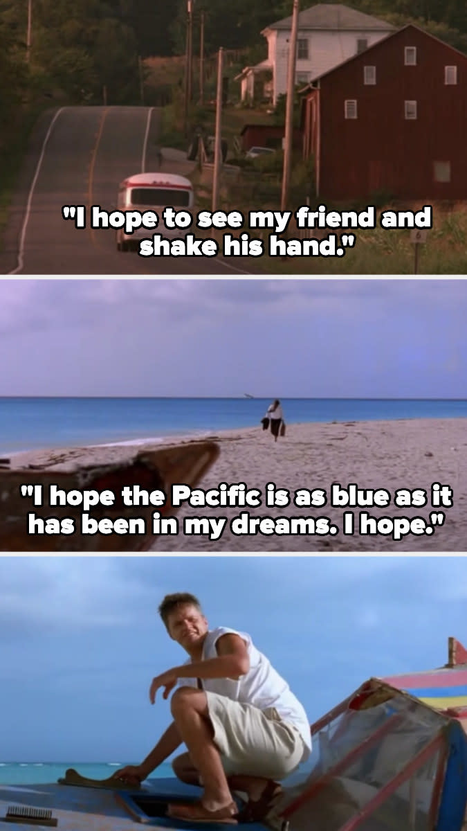 Red narrates, "I hope to see my friend and shake his hand, I hope the Pacific is as blue as it has been in my dreams, I hope..." and reunites with Andy on the beach