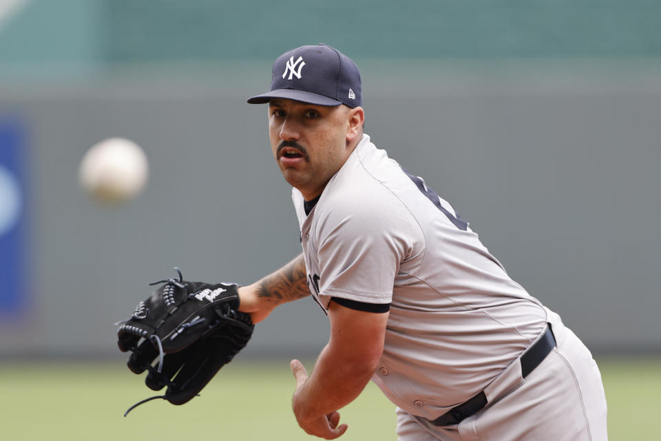 New York Yankees pitcher Nestor Cortes throws during the first inning of a baseball game against the Kansas City Royals in Kansas City, Mo., Thursday, June 13, 2024. (AP Photo/Colin E. Braley)