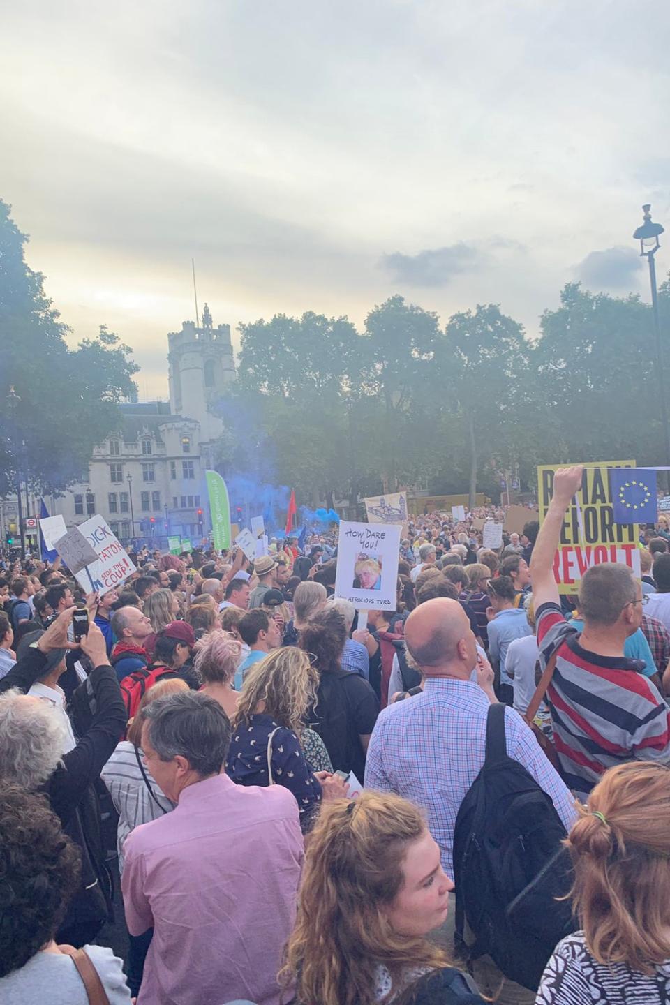 Blue flares were let off amid heavy crowds in Parliament Square (Twitter)