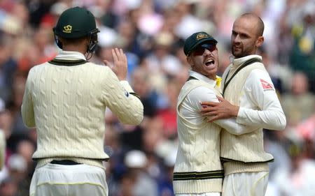 Cricket - England v Australia - Investec Ashes Test Series Third Test - Edgbaston - 30/7/15 Australia's Nathan Lyon celebrates with David Warner after dismissing England's Jos Buttler Reuters / Philip Brown Livepic