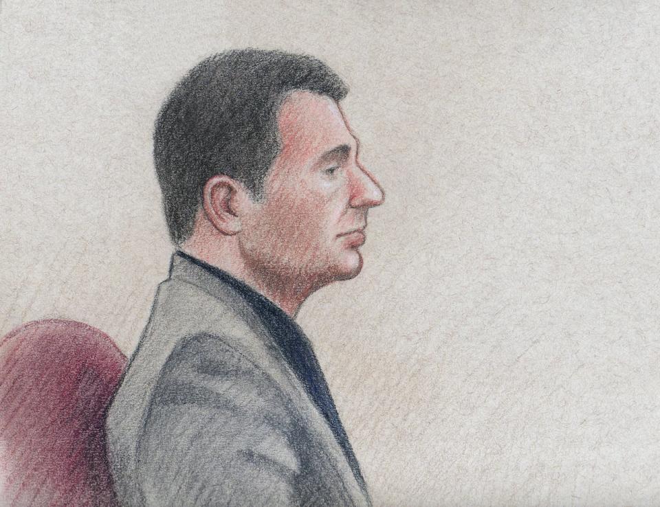 A sketch of Eric Einagel during his trial in Ottawa on May 6, 2024.