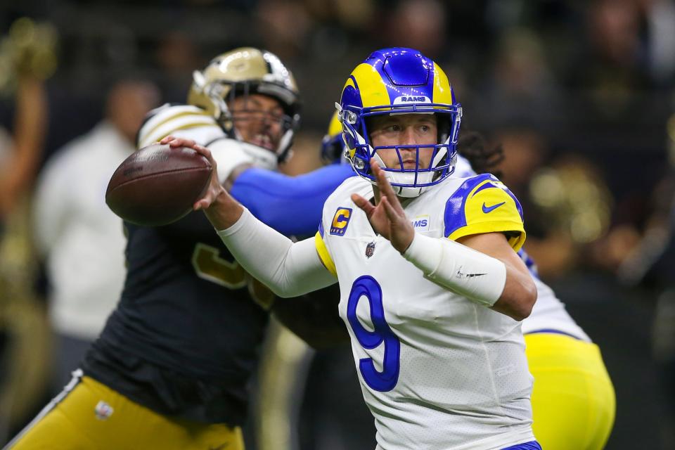 Rams quarterback Matthew Stafford gets ready to make a throw during the first quarter against the Saints at the Caesars Superdome in New Orleans on Nov. 20, 2022.