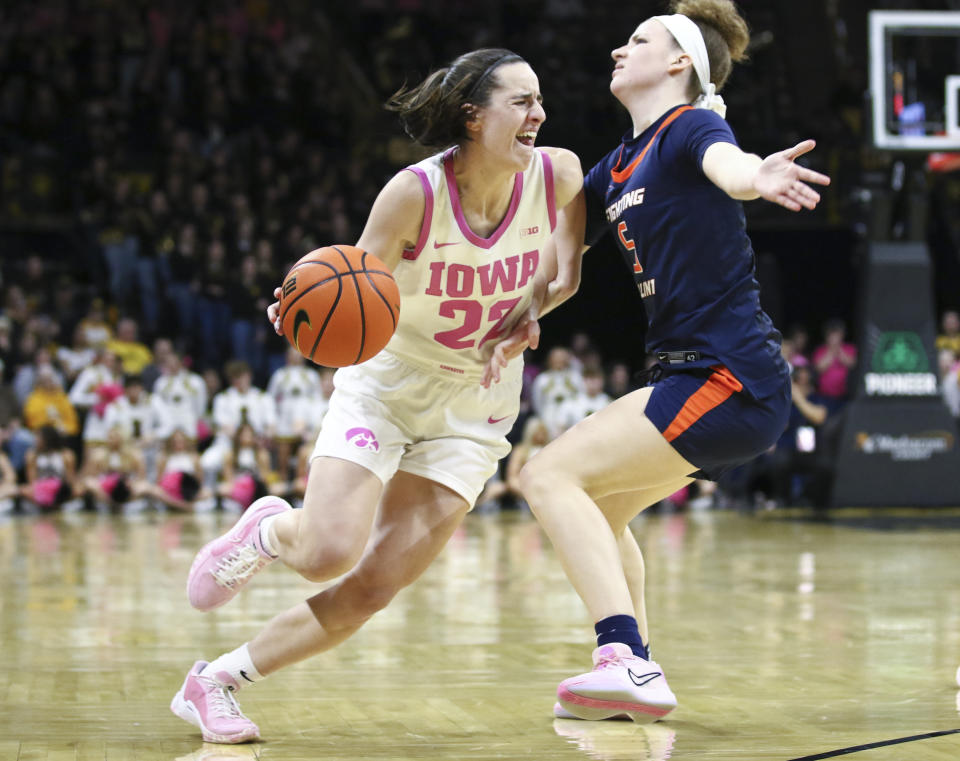 Iowa's Caitlin Clark has two regular season games left and is 50 points shy of Pete Maravich's record. (Matthew Holst/Getty Images)