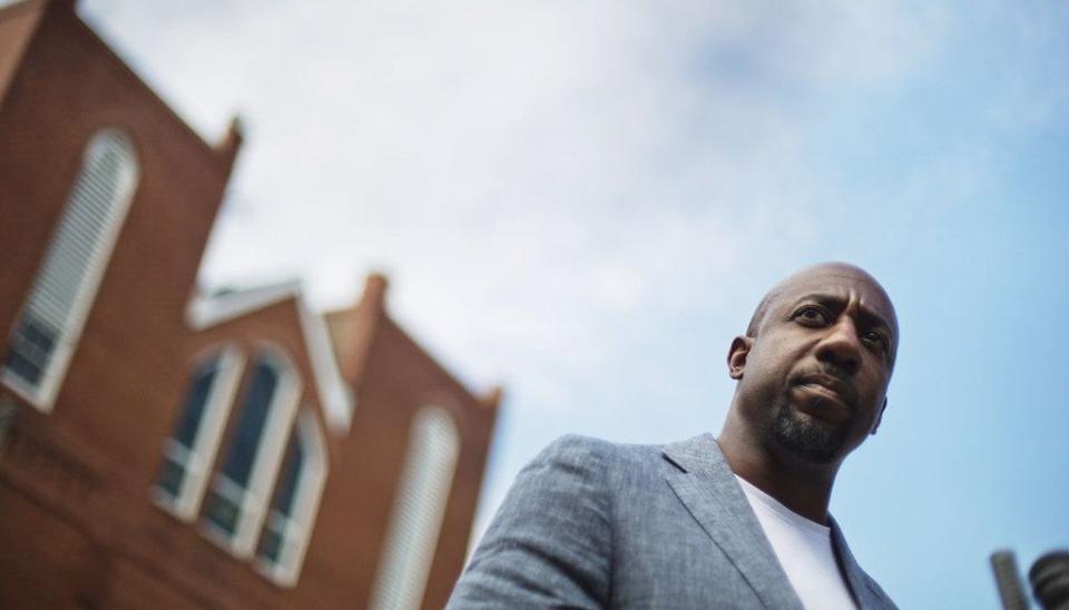 Raphael Warnock outside the Ebenezer Baptist Church in Atlanta on July 30, 2015, a few months after giving a sermon that later drew criticism in an ad by his Senate opponent, Herschel Walker.