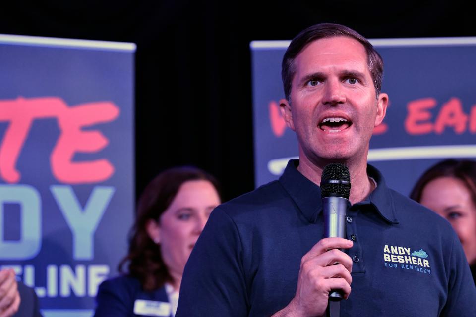 Kentucky Governor Andy Beshear speaks to a crowd gathered for a campaign rally at The Palm Room, Wednesday, Nov. 1, 2023 in Louisville, Ky.